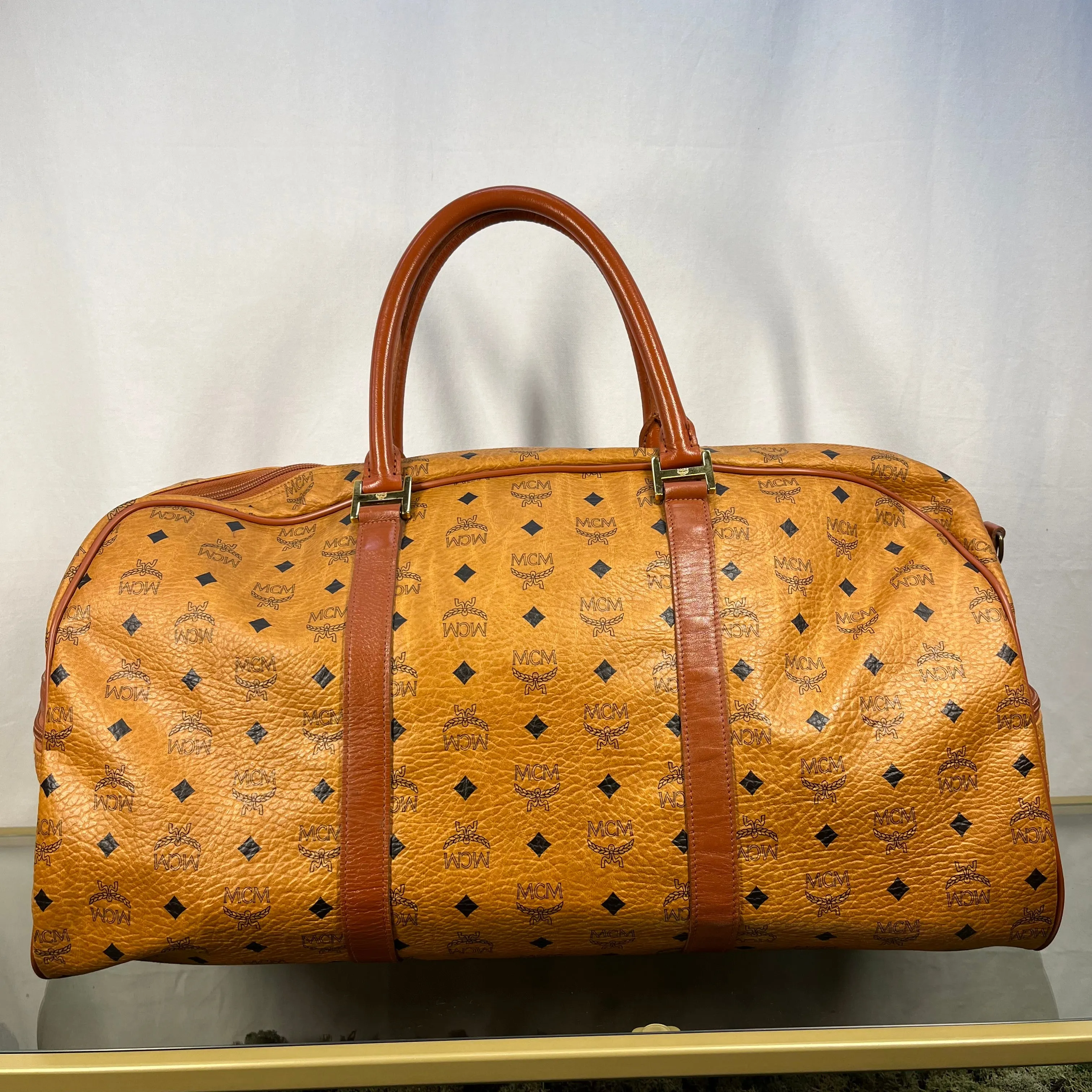 MCM Cognac Visetos Monogram Canvas Duffle Bag