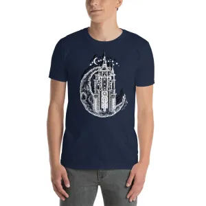 Medieval Castle On Moon Tattoo Design T Shirt Navy for Men