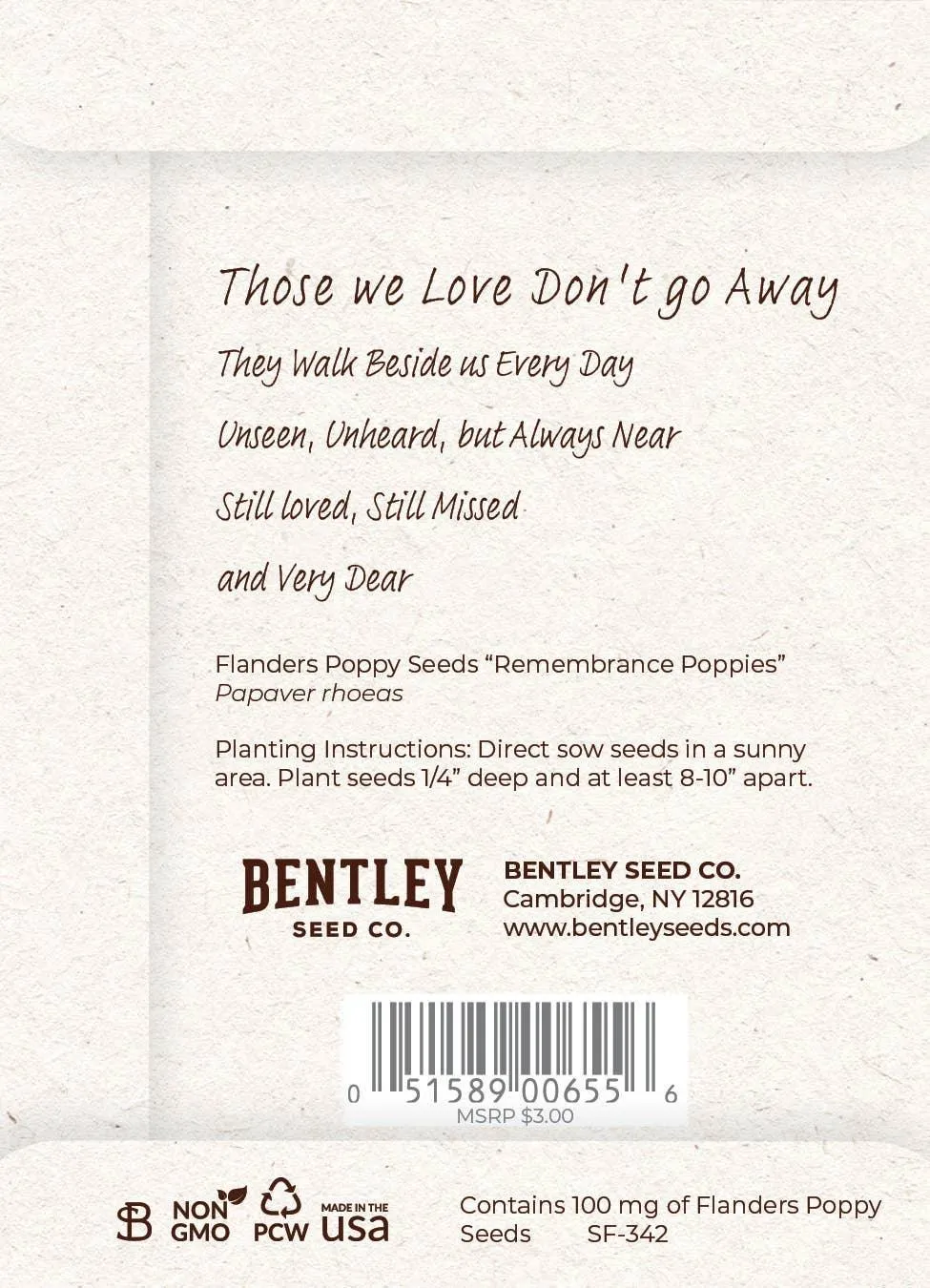 Memorial Cardinal - Flanders Poppy Seed Packet