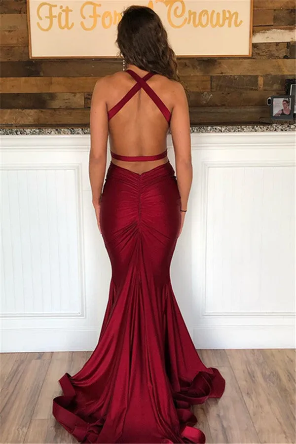Mermaid Burgundy Halter V-Neck Sleeveless Backless Prom Dresses