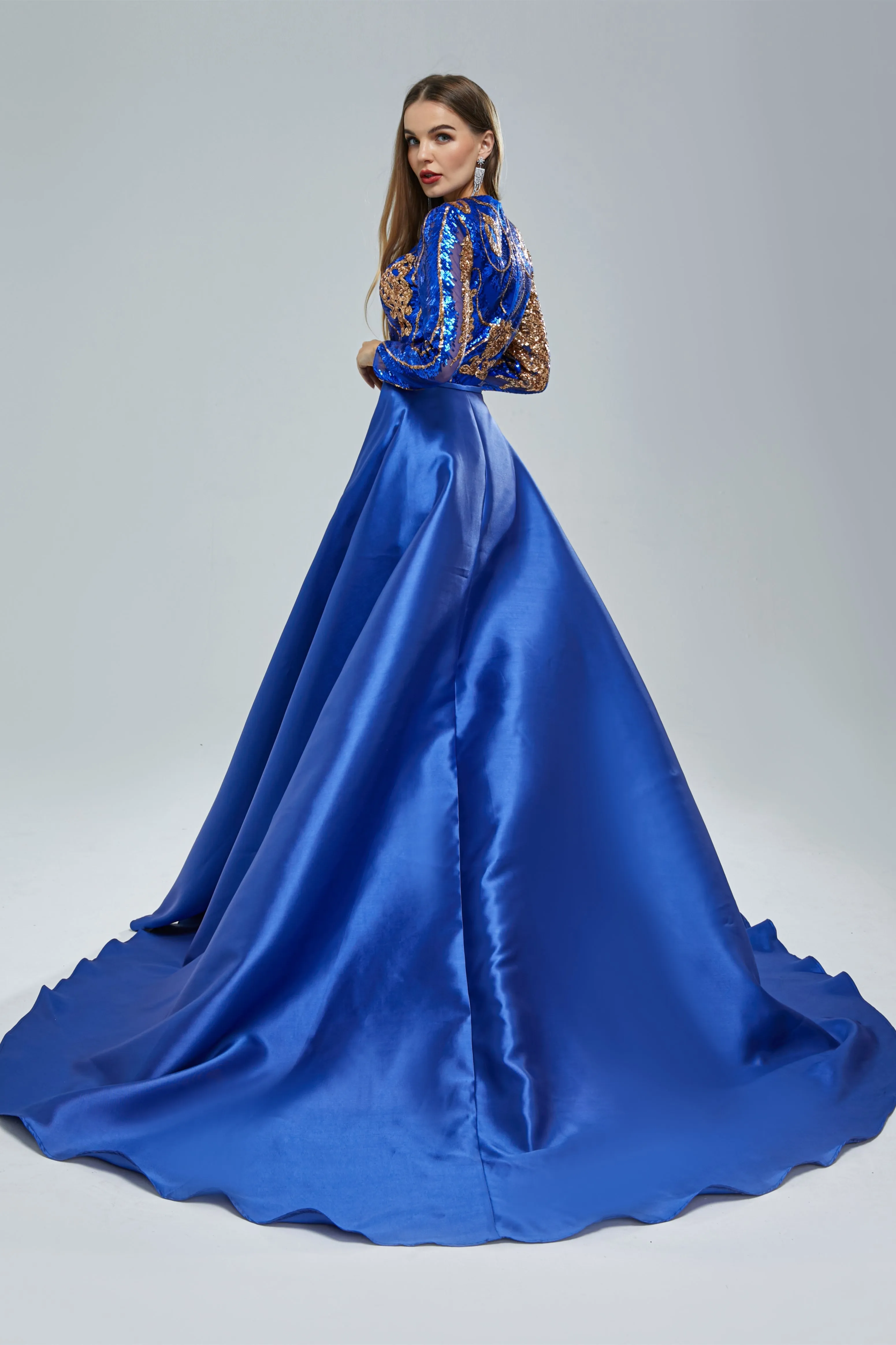 Mermaid Jewel Lace Sequined Floor-length Long Sleeve Detachable Train Elegant Prom Dress