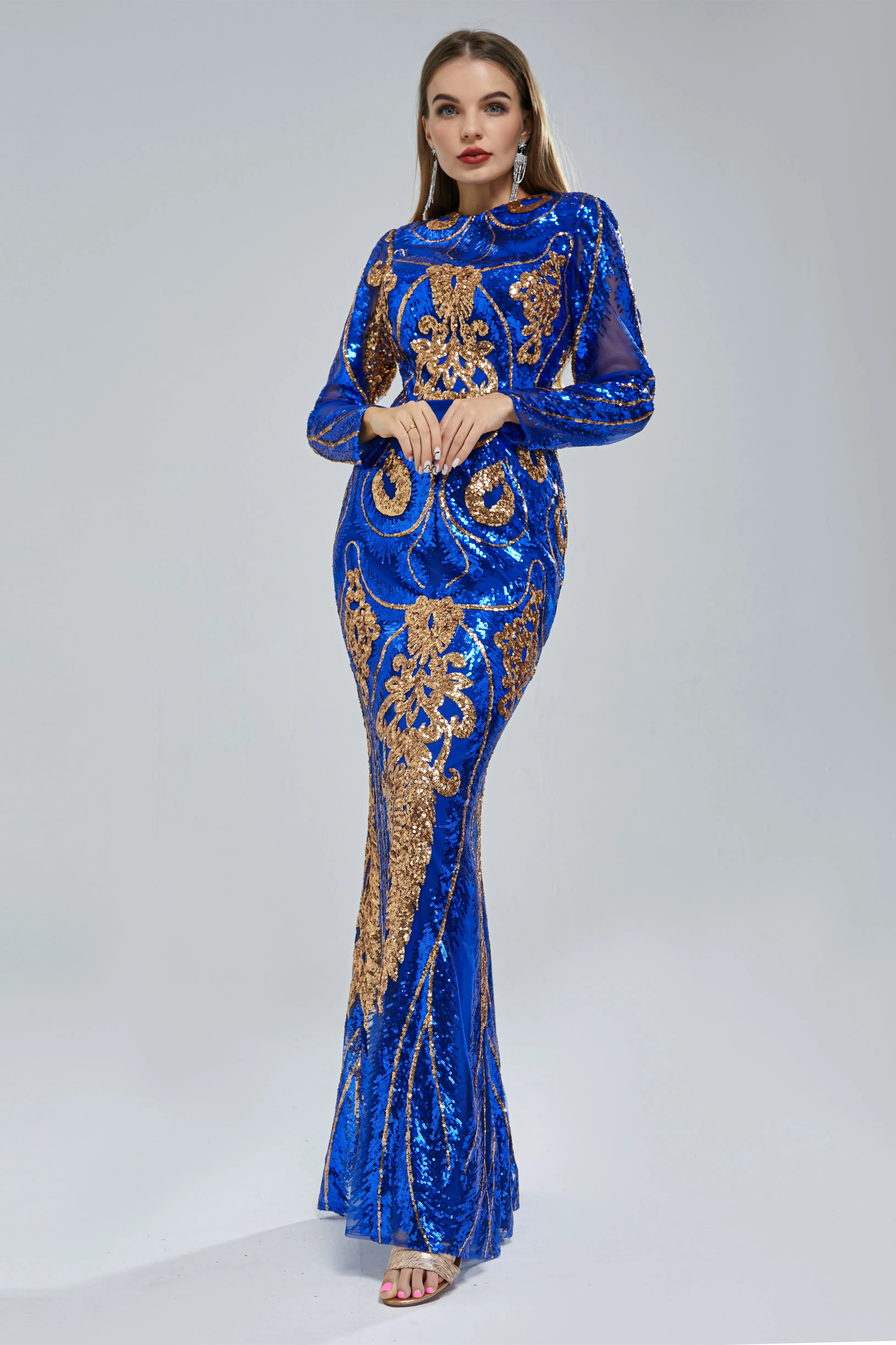 Mermaid Jewel Lace Sequined Floor-length Long Sleeve Detachable Train Elegant Prom Dress