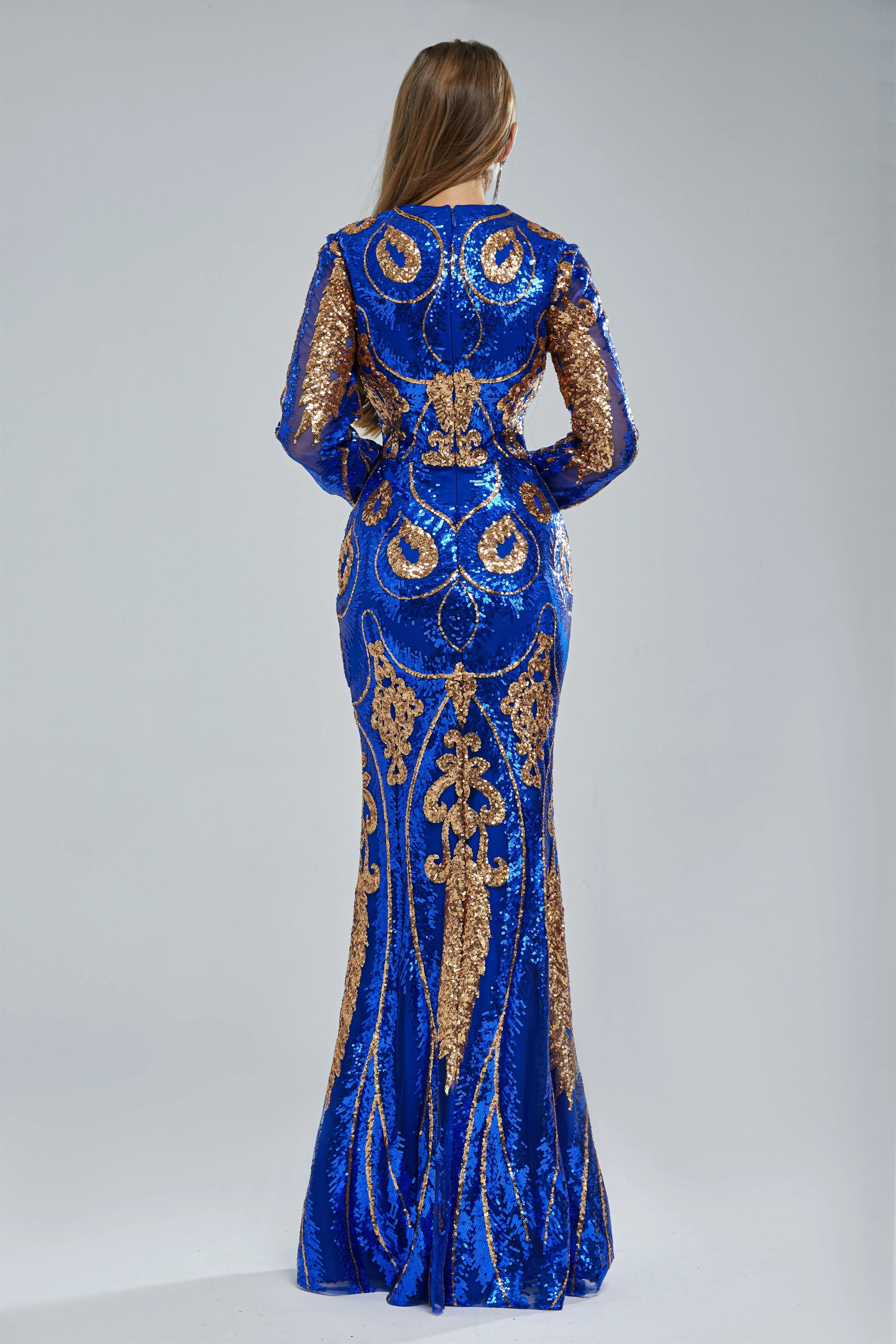 Mermaid Jewel Lace Sequined Floor-length Long Sleeve Detachable Train Elegant Prom Dress