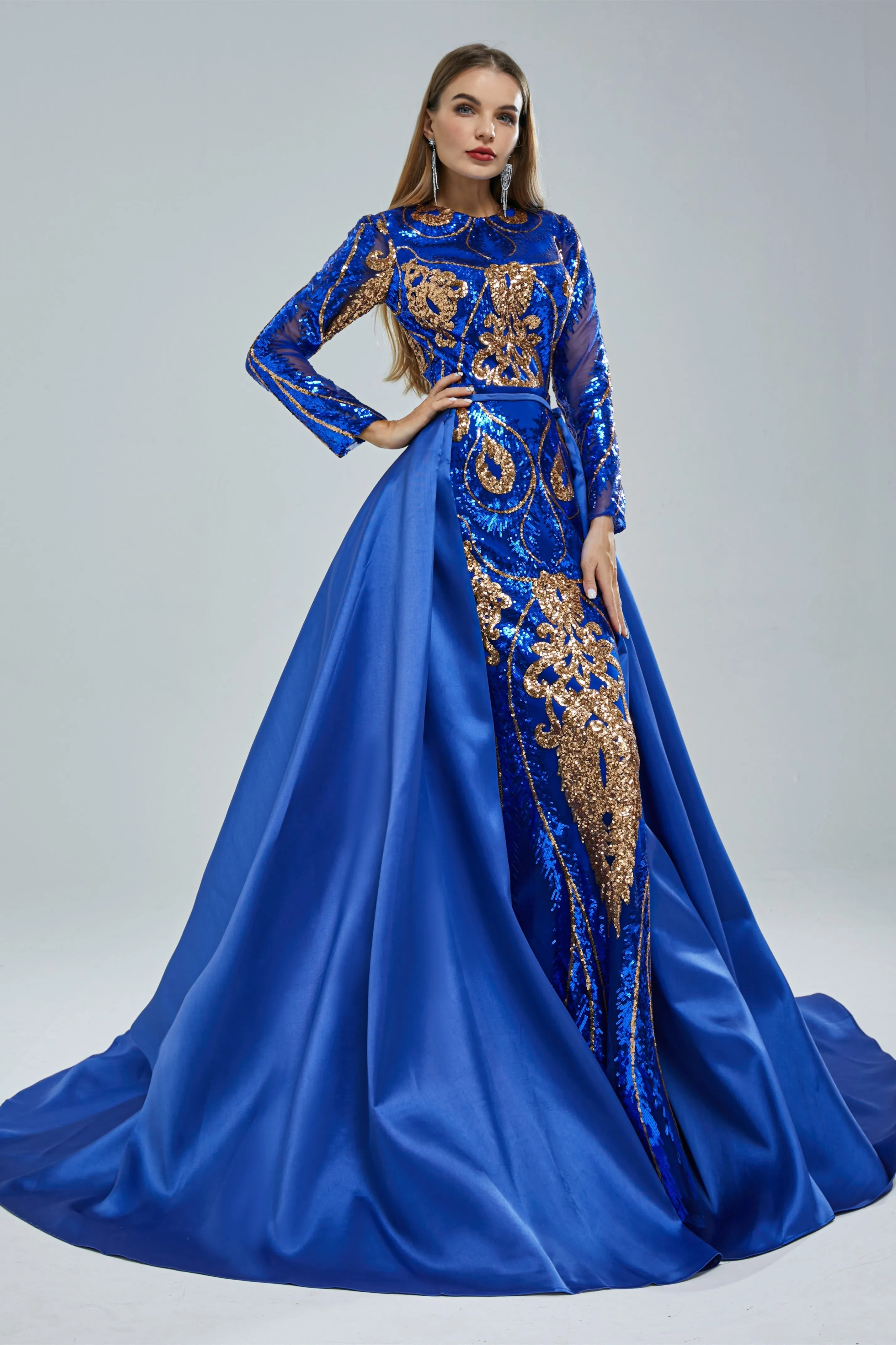 Mermaid Jewel Lace Sequined Floor-length Long Sleeve Detachable Train Elegant Prom Dress