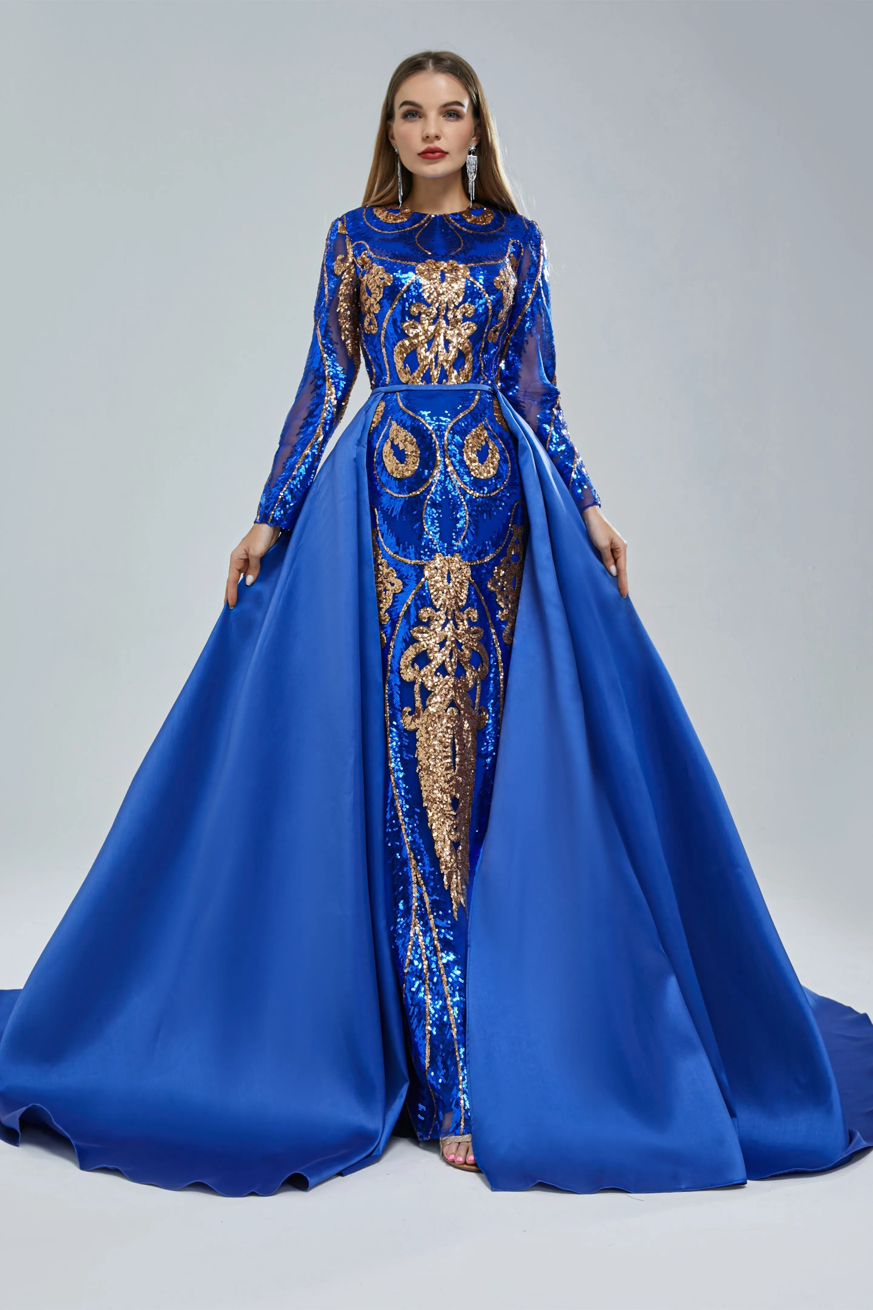 Mermaid Jewel Lace Sequined Floor-length Long Sleeve Detachable Train Elegant Prom Dress