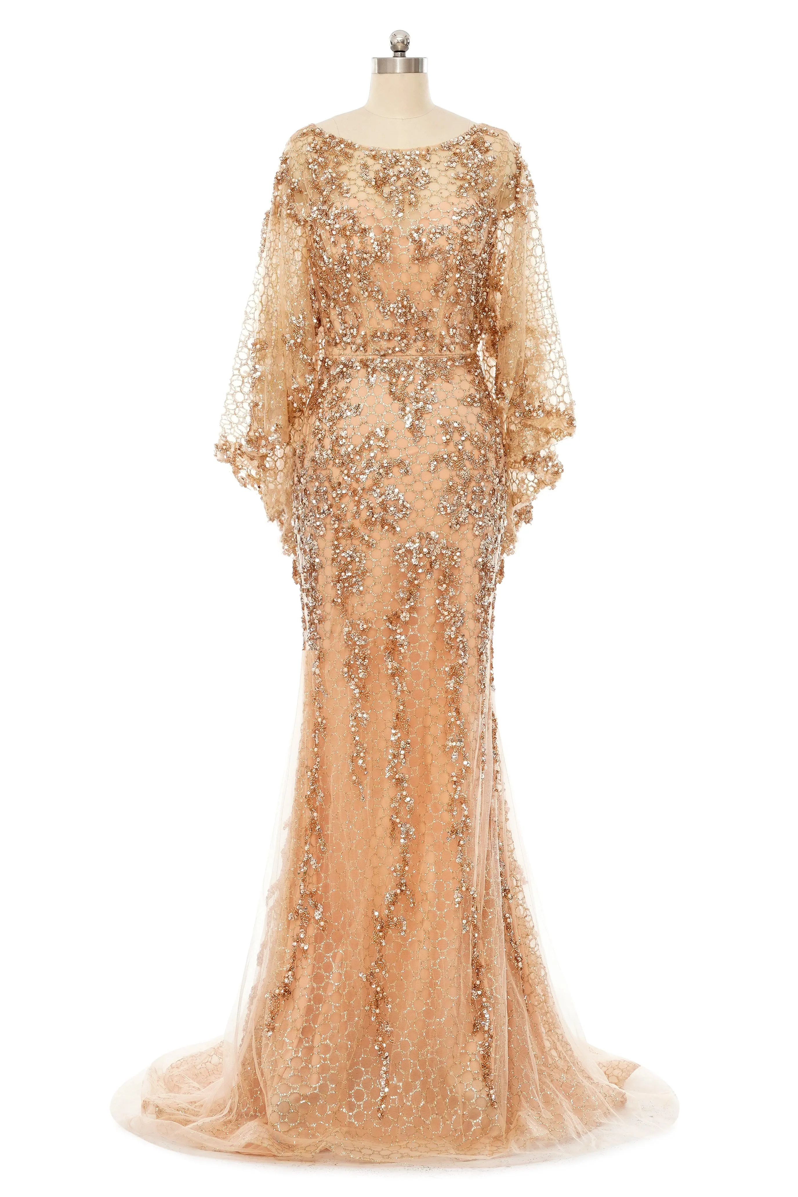 Mermaid Round Floor-length Long Sleeve Sequined Beading Gorgeous Prom Dresses