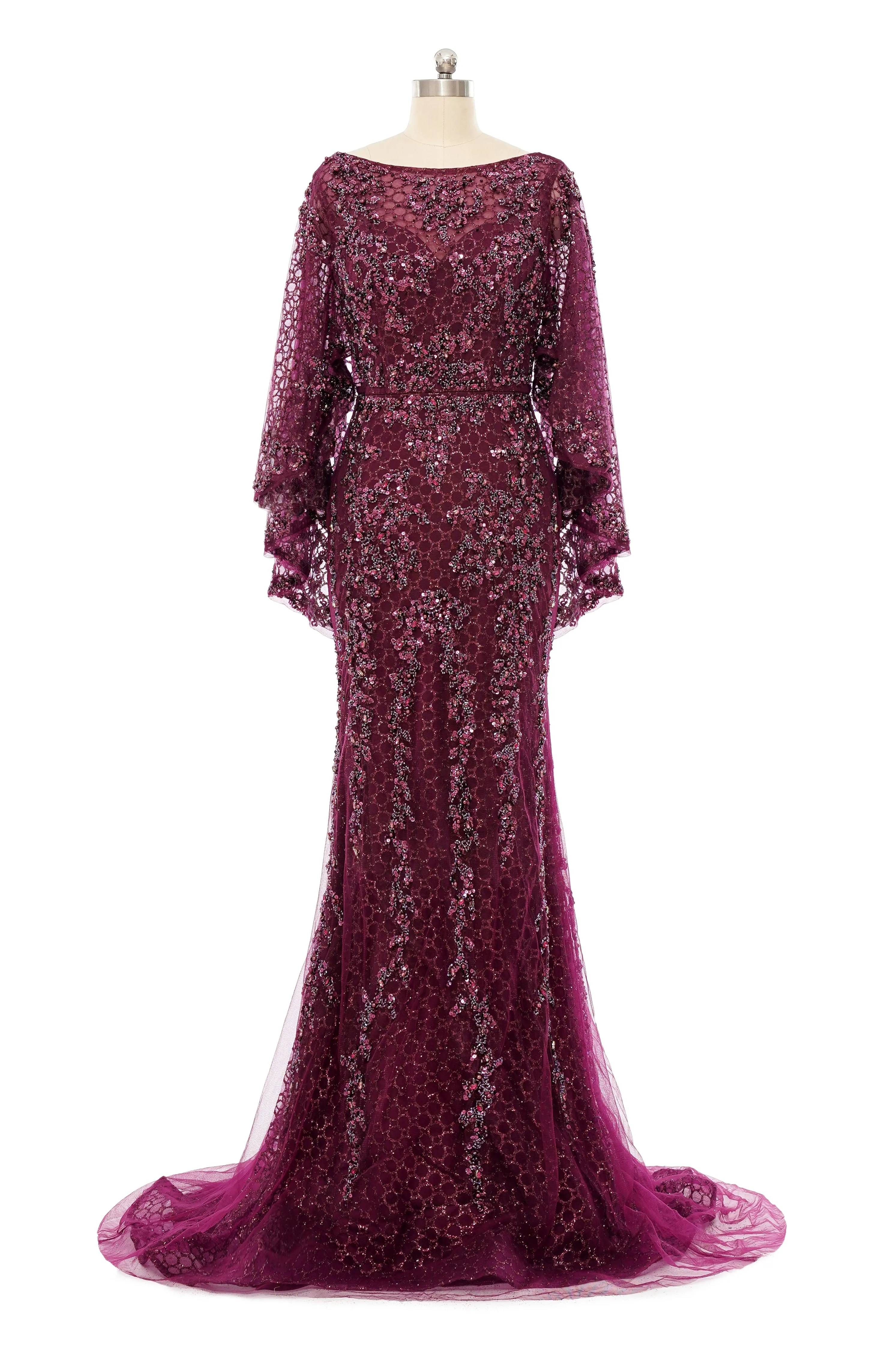 Mermaid Round Floor-length Long Sleeve Sequined Beading Gorgeous Prom Dresses