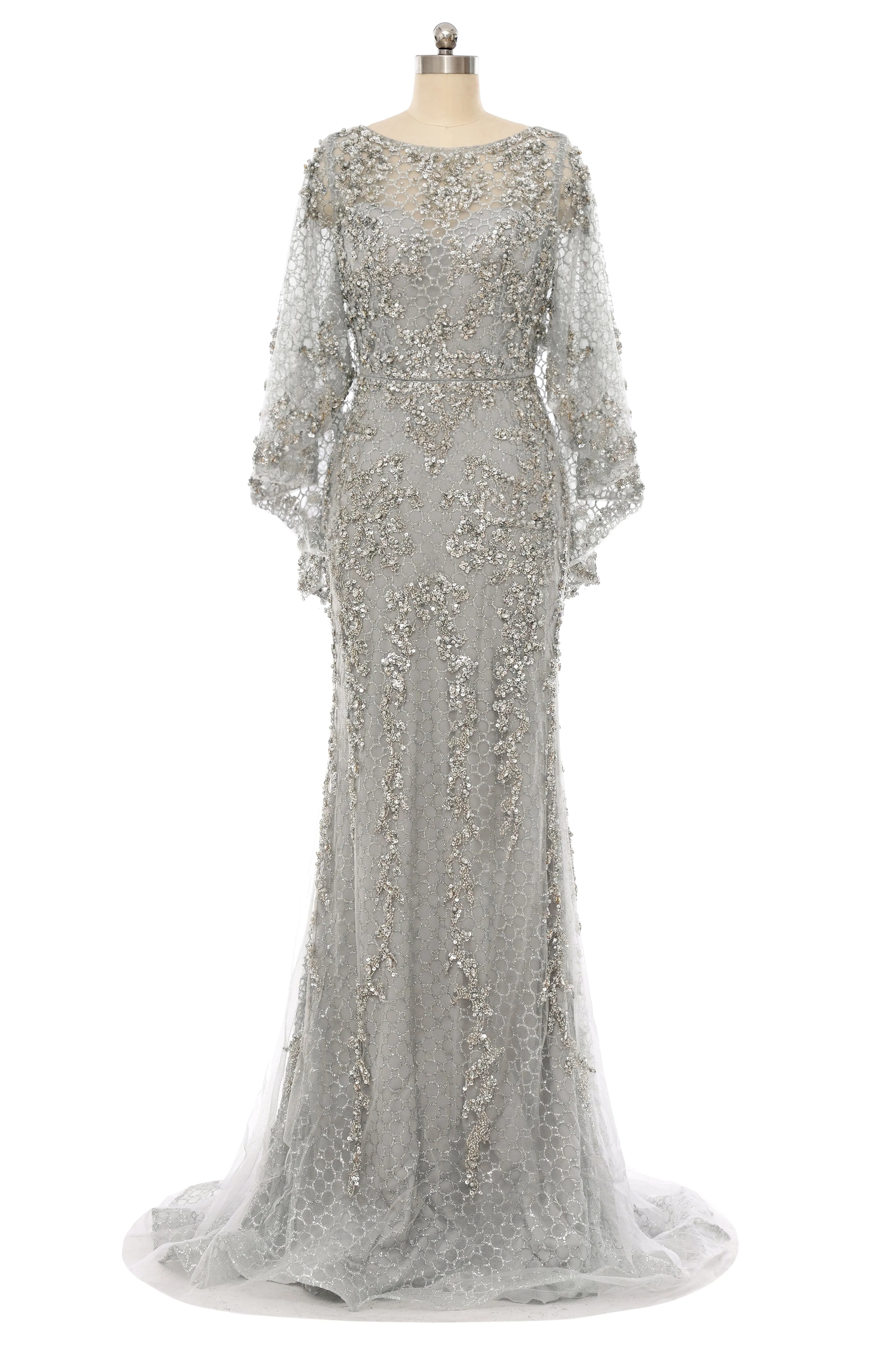 Mermaid Round Floor-length Long Sleeve Sequined Beading Gorgeous Prom Dresses