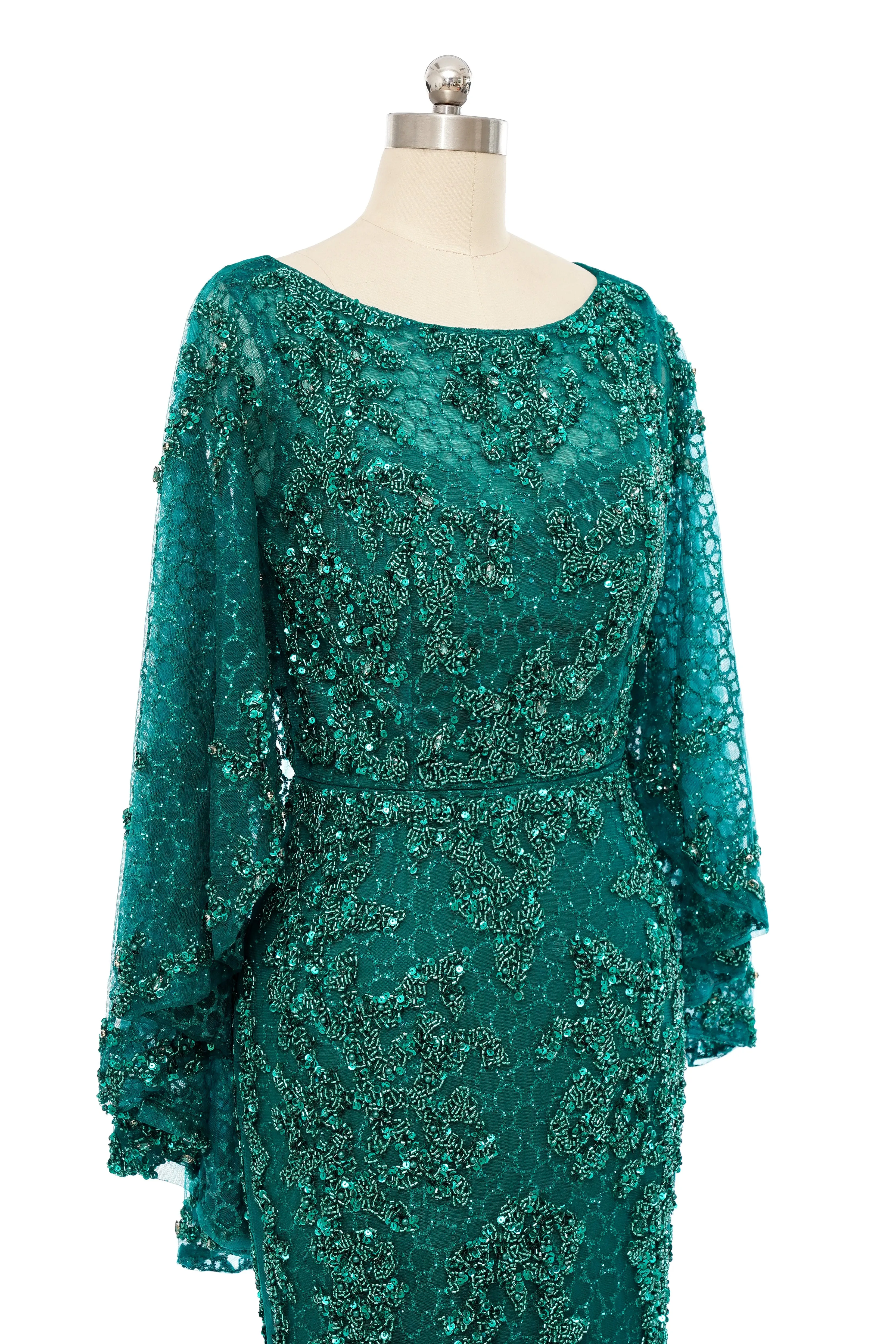 Mermaid Round Floor-length Long Sleeve Sequined Beading Gorgeous Prom Dresses