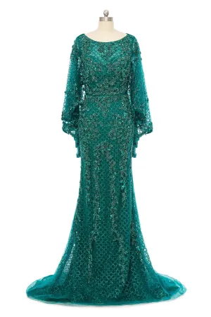 Mermaid Round Floor-length Long Sleeve Sequined Beading Gorgeous Prom Dresses