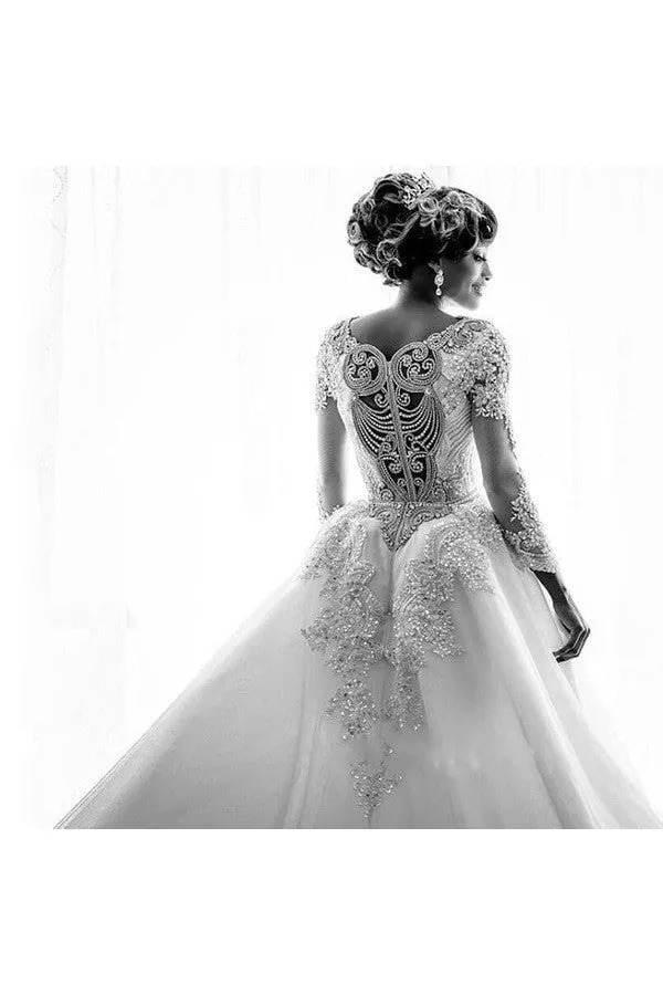 Mermaid Wedding Dresses with Trendy Overskirt Beads Lace Appliques Long Sleeves Bridal Gowns