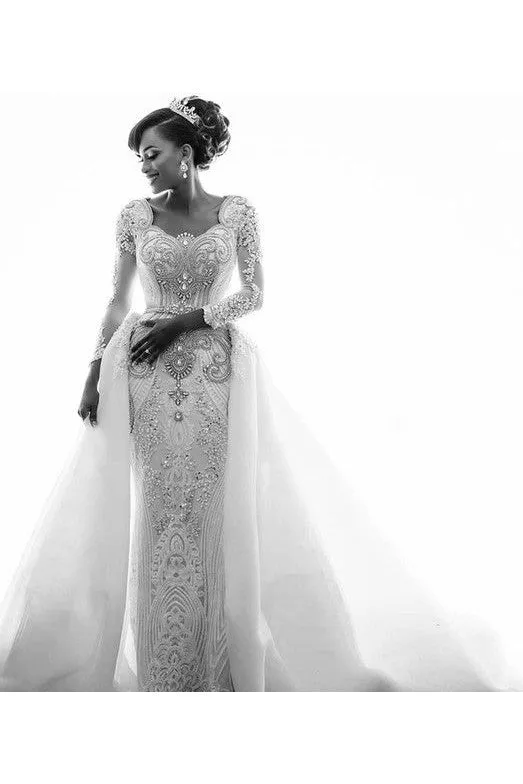 Mermaid Wedding Dresses with Trendy Overskirt Beads Lace Appliques Long Sleeves Bridal Gowns