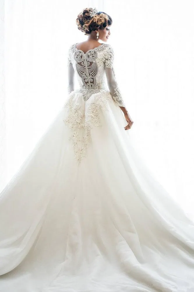 Mermaid Wedding Dresses with Trendy Overskirt Beads Lace Appliques Long Sleeves Bridal Gowns