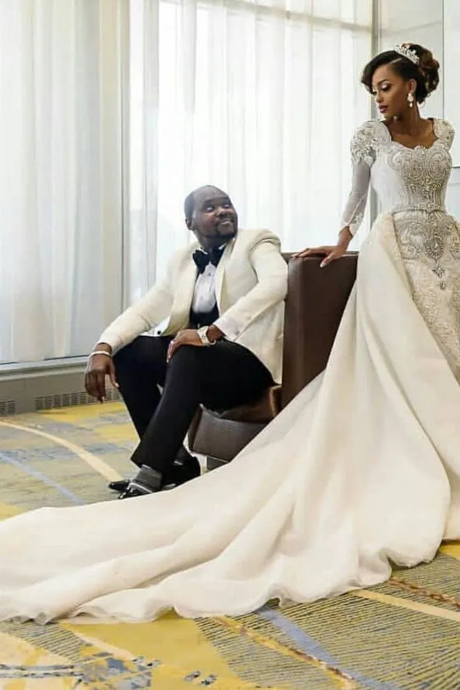 Mermaid Wedding Dresses with Trendy Overskirt Beads Lace Appliques Long Sleeves Bridal Gowns