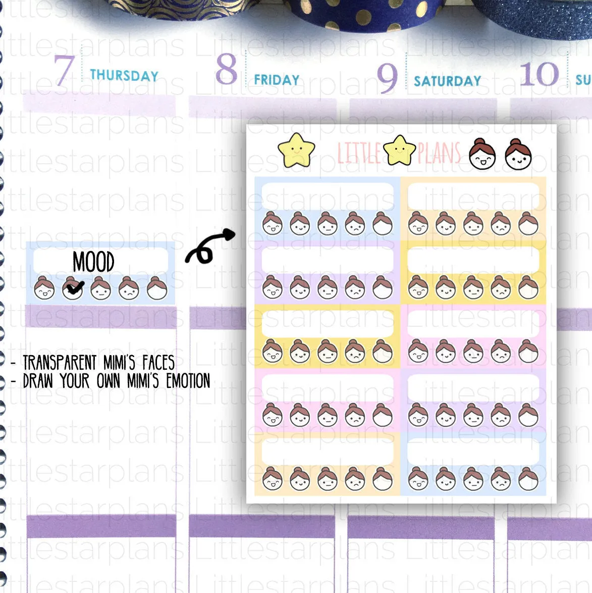 Mimi - Track your mood daily, weekly, pastel color theme  planner stickers, draw your own mood