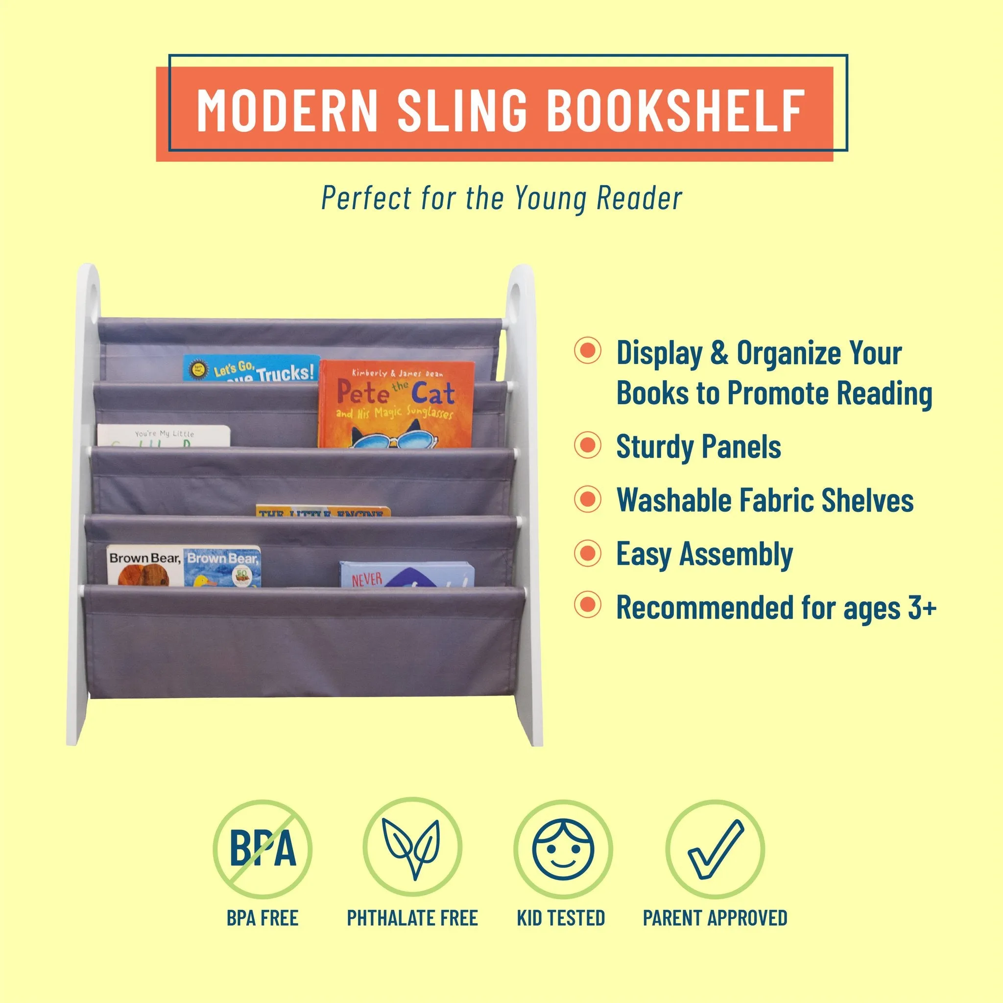 Modern Sling Bookshelf - White with Gray Canvas