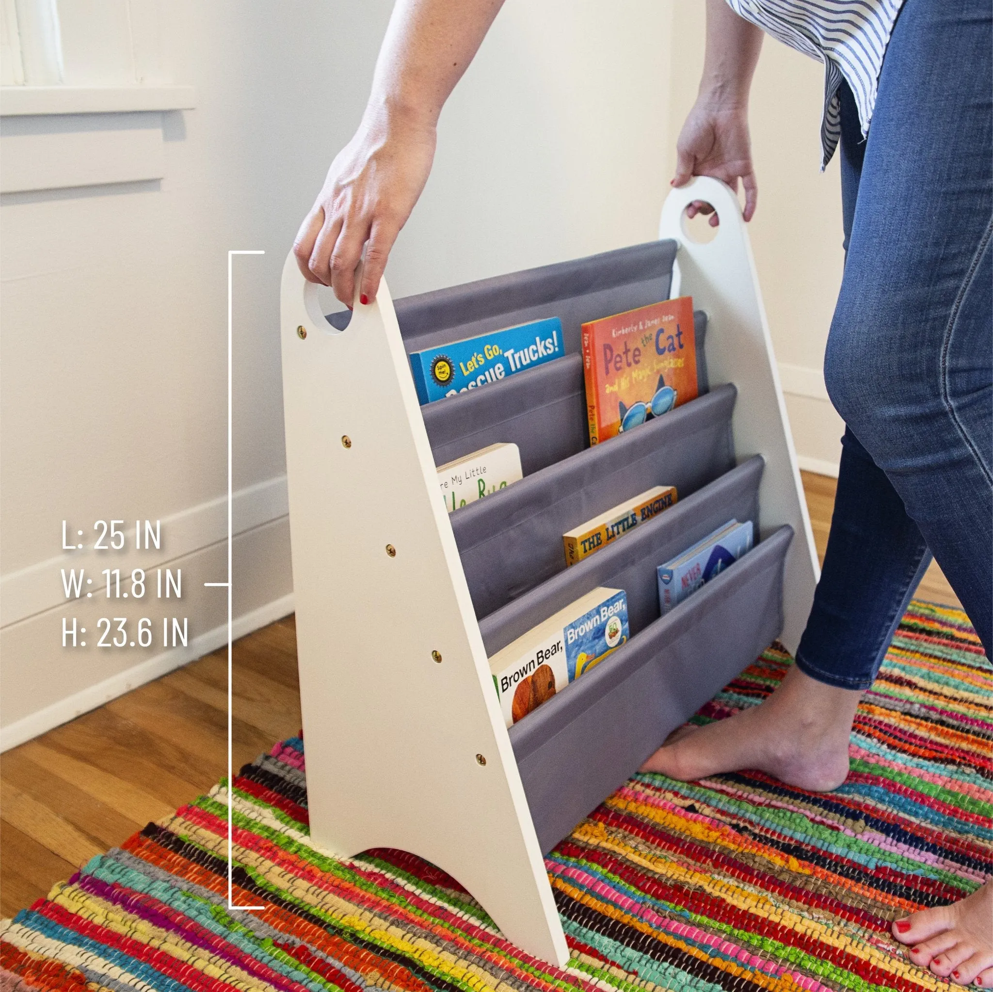 Modern Sling Bookshelf - White with Gray Canvas