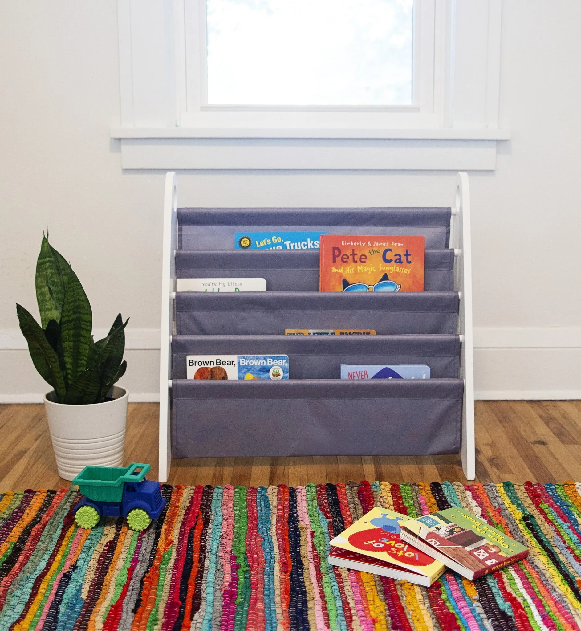 Modern Sling Bookshelf - White with Gray Canvas
