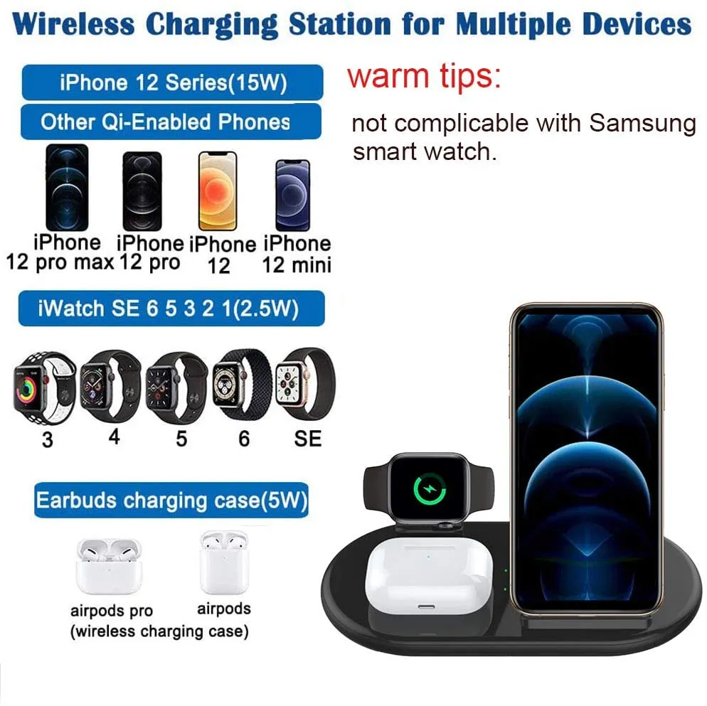 New 3 in 1 Charger Station for Multiple Devices, Wireless Charging Station Stand Dock Pad Compatible with iPhone 11 Pro Max XR XS Max Xs iWatch Series 6 5 4 3 2