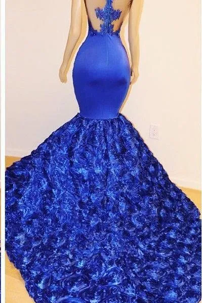 New Arrival Royal-Blue Flowers Mermaid Sleeveless With lace Appliques Prom Dresses