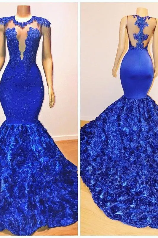New Arrival Royal-Blue Flowers Mermaid Sleeveless With lace Appliques Prom Dresses