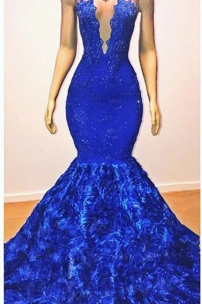 New Arrival Royal-Blue Flowers Mermaid Sleeveless With lace Appliques Prom Dresses