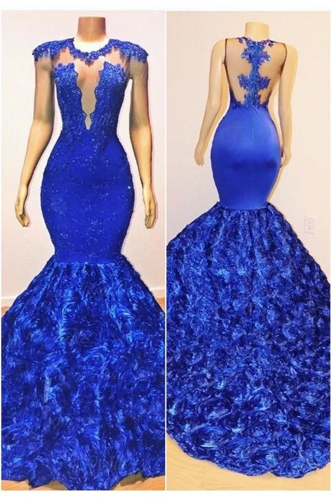 New Arrival Royal-Blue Flowers Mermaid Sleeveless With lace Appliques Prom Dresses
