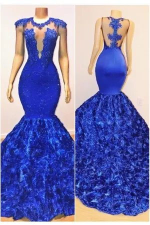 New Arrival Royal-Blue Flowers Mermaid Sleeveless With lace Appliques Prom Dresses
