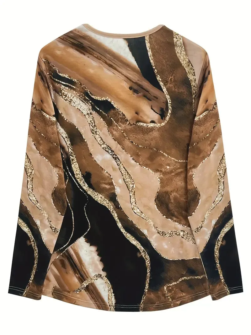 NEW Marble Print Long Sleeve T-shirt, Casual Button Front Top For Spring & Fall, Women's Clothing Sz M