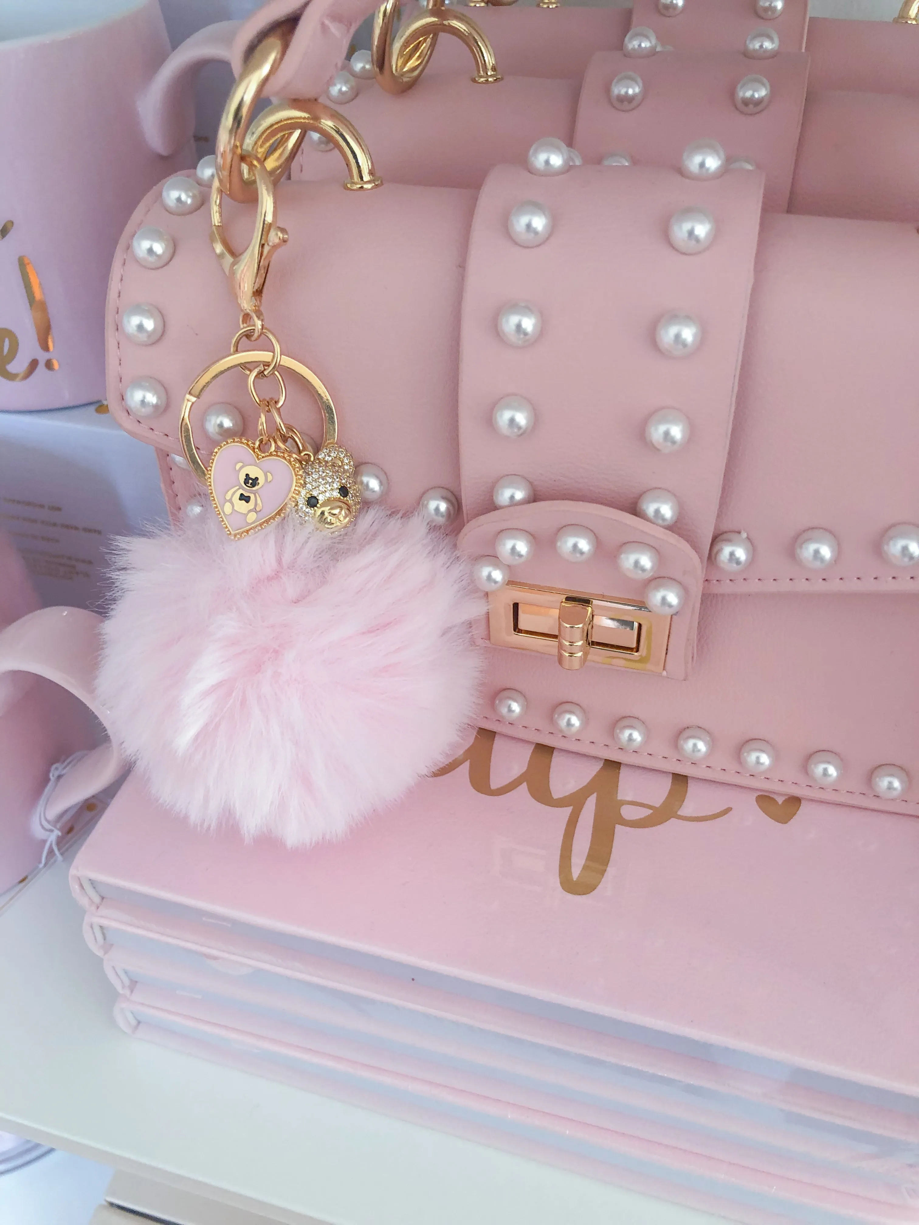 NEW! PINK POM BEAR KEYCHAIN