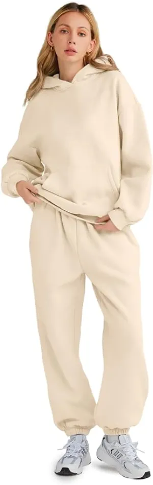 New Solid Casual Two-piece Set beige jogger set hoody pullover 2 pockets Fits XL