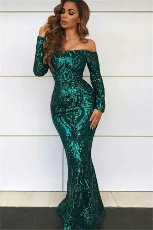 Off Shoulder Evening Dresses with Sleeves Chic Mermaid Sequins Prom Dresses