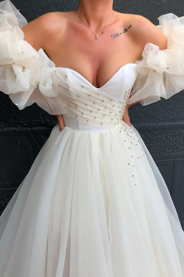 Off-the-Shoulder Bubble Sleeves Tulle Evening Gowns With Crystals