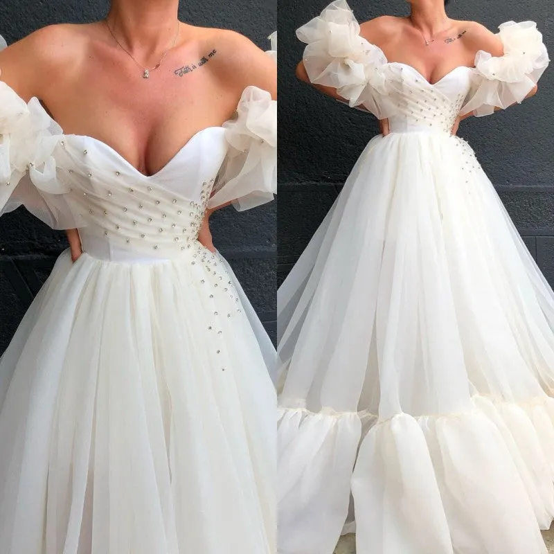 Off-the-Shoulder Bubble Sleeves Tulle Evening Gowns With Crystals