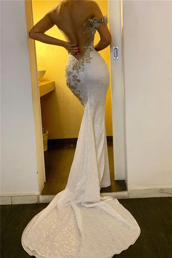 One Shoulder Appliques Sequined Evening Gowns Backless Elegant Formal Dresses