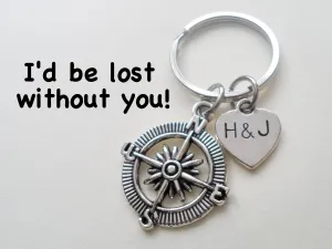 Open Metal Compass Keychain - I'd Be Lost Without You; Couples Keychain, Custom Engraved Tag Option