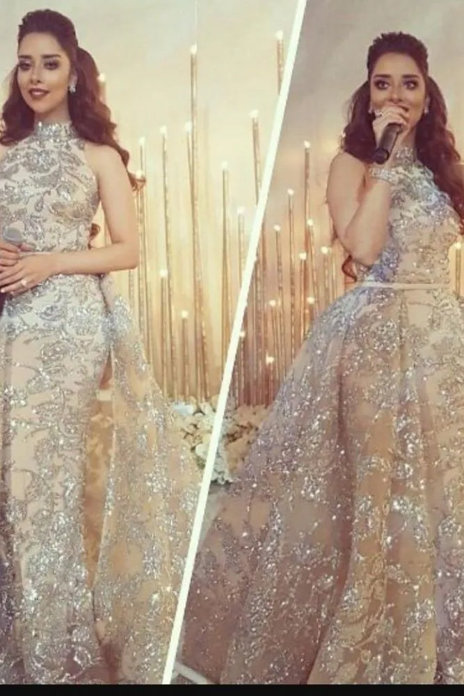 Overskirt Champagne Silver Beading Lace Appliques Chic Sleeveless Prom Dresses