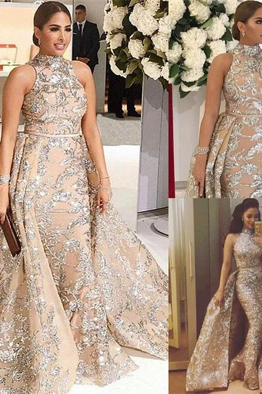 Overskirt Champagne Silver Beading Lace Appliques Chic Sleeveless Prom Dresses