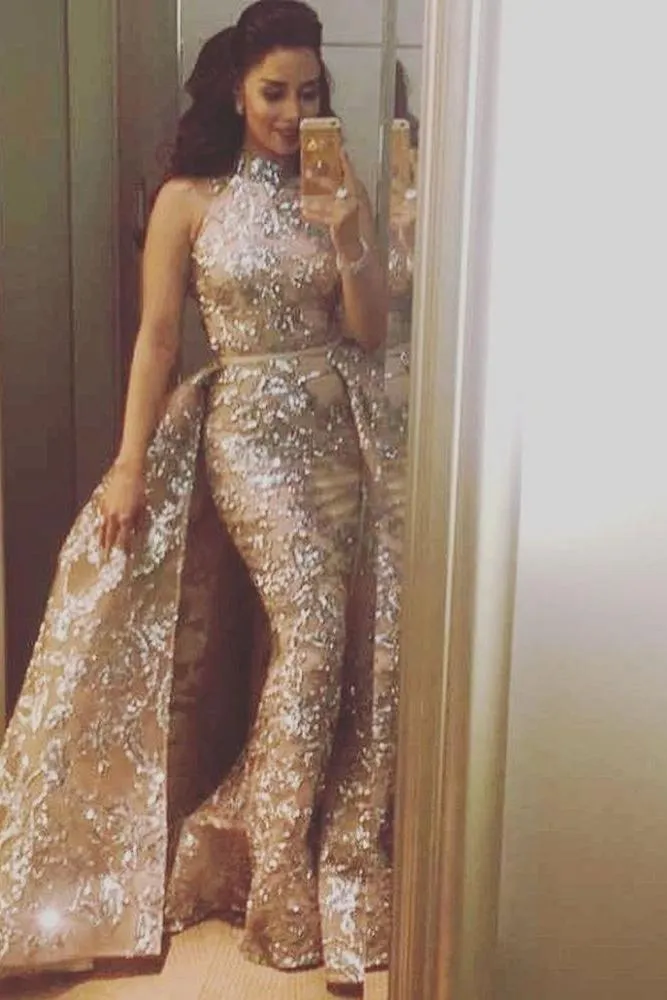 Overskirt Champagne Silver Beading Lace Appliques Chic Sleeveless Prom Dresses