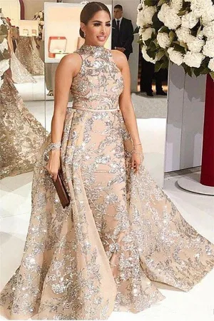 Overskirt Champagne Silver Beading Lace Appliques Chic Sleeveless Prom Dresses