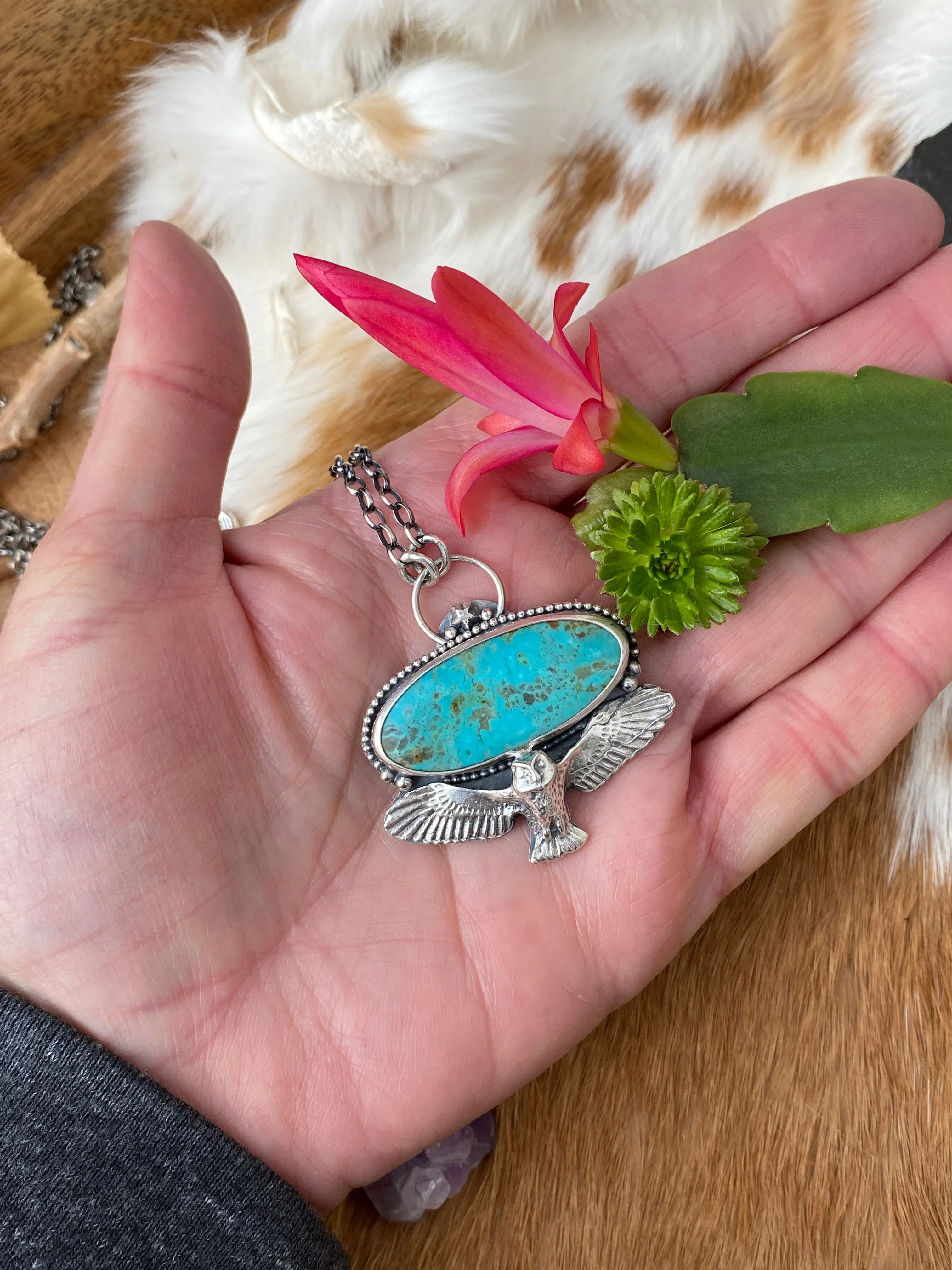 Owl Messenger Turquoise sterling silver necklace