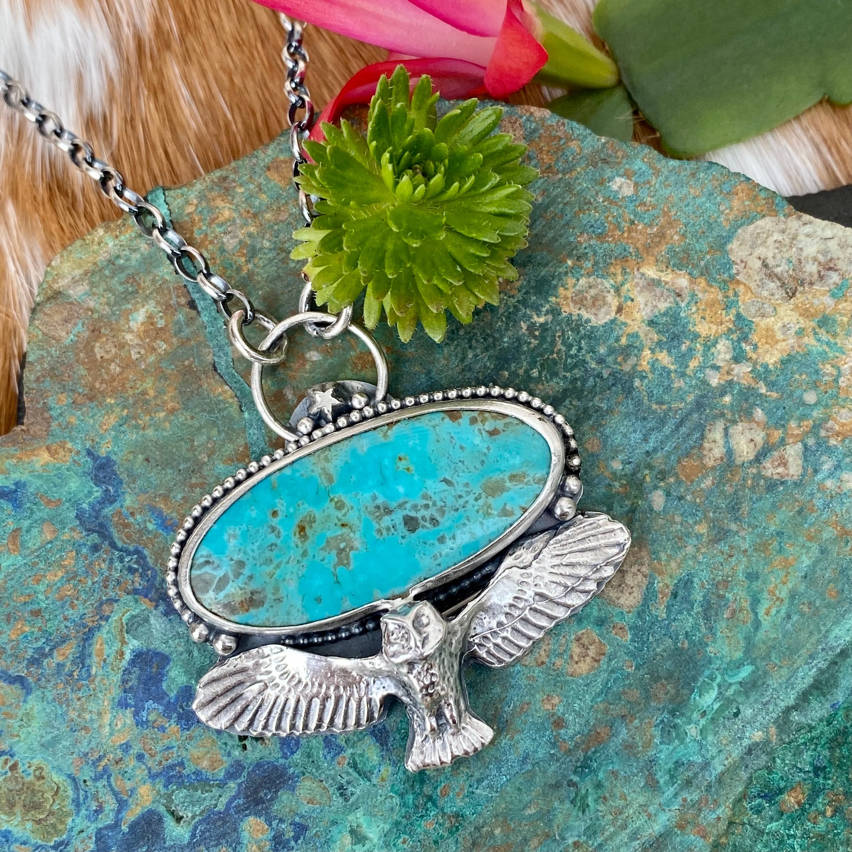 Owl Messenger Turquoise sterling silver necklace