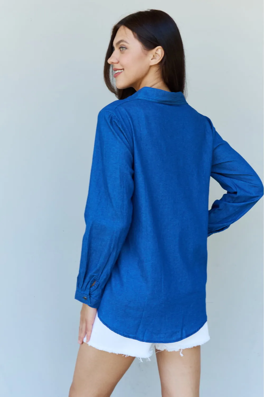 Paisley Denim Button Down Shirt Top in Dark Blue