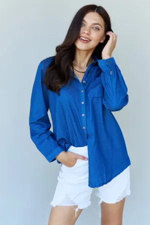 Paisley Denim Button Down Shirt Top in Dark Blue
