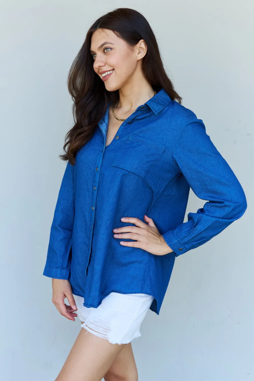 Paisley Denim Button Down Shirt Top in Dark Blue