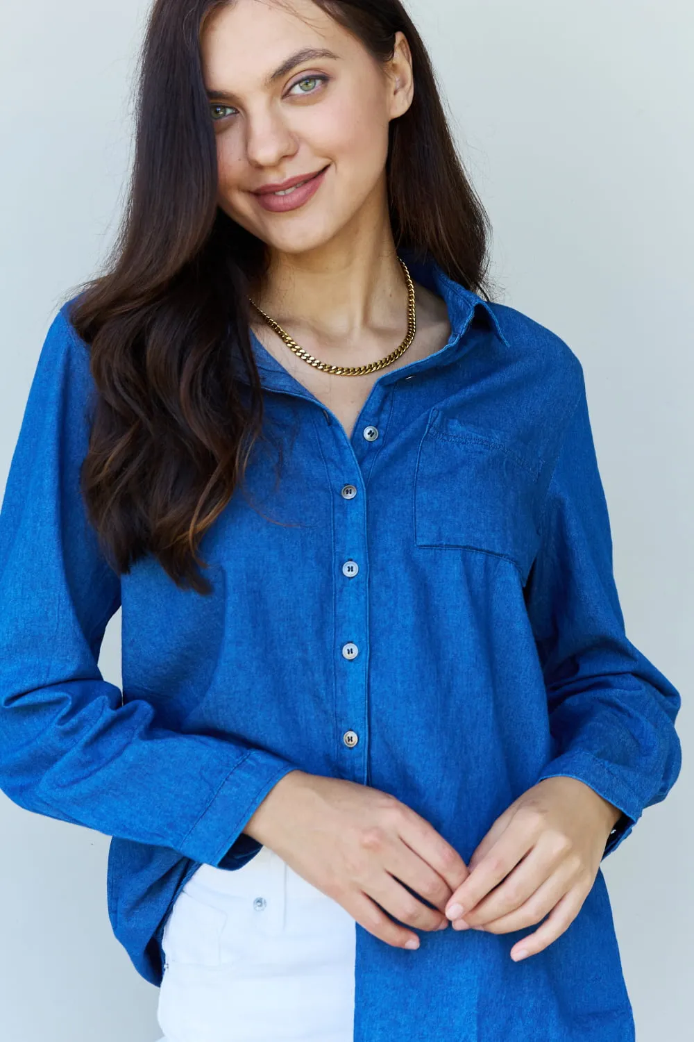 Paisley Denim Button Down Shirt Top in Dark Blue