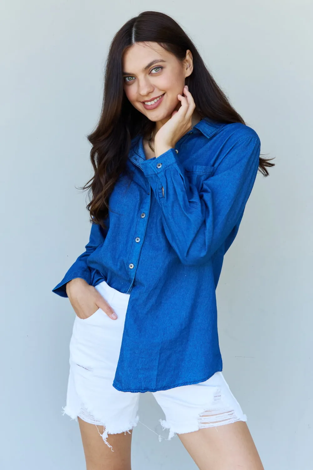 Paisley Denim Button Down Shirt Top in Dark Blue