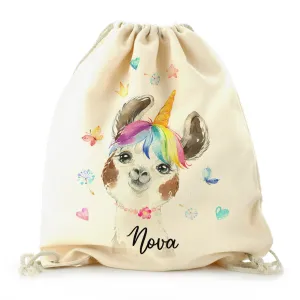 Personalised Canvas Drawstring Backpack with Alpaca Unicorn with Rainbow Hair Hearts Stars and Cute Text