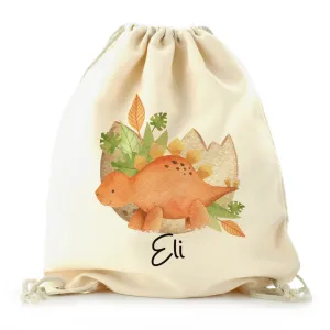 Personalised Canvas Drawstring Backpack with Name and Orange Stegosaurus