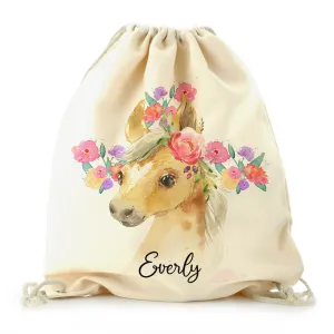 Personalised Canvas Drawstring Backpack with Palomino Horse Multicolour Flower Print and Cute Text
